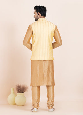 3 Pc Brown Cotton Kurta Pajama with Jacket Set