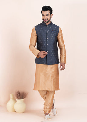 3 Pc Brown Cotton Kurta Pajama with Jacket Set