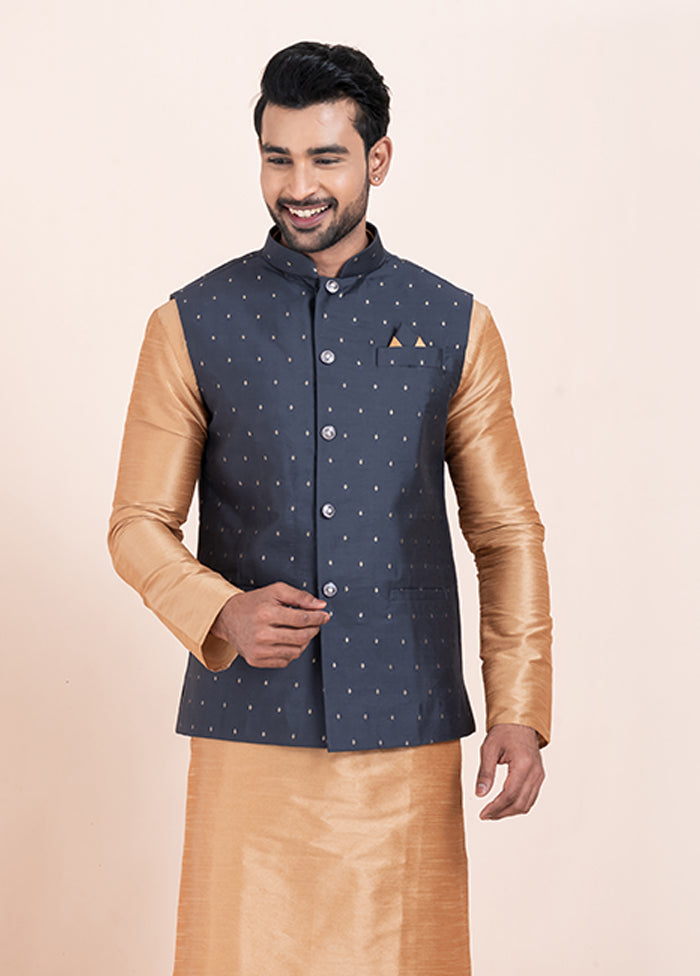 3 Pc Brown Cotton Kurta Pajama with Jacket Set