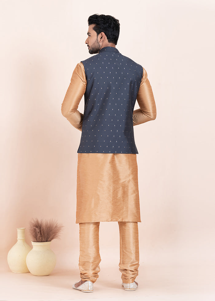3 Pc Brown Cotton Kurta Pajama with Jacket Set