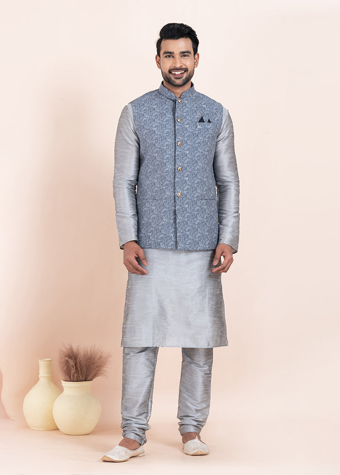 3 Pc Grey Cotton Kurta Pajama with Jacket Set