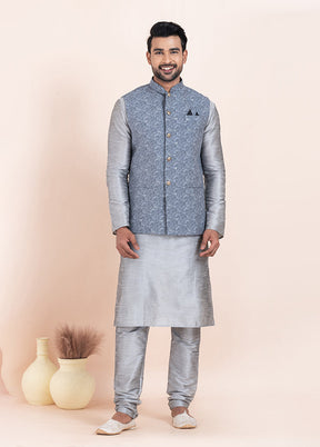 3 Pc Grey Cotton Kurta Pajama with Jacket Set