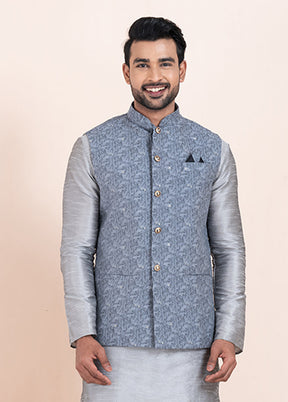 3 Pc Grey Cotton Kurta Pajama with Jacket Set