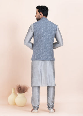3 Pc Grey Cotton Kurta Pajama with Jacket Set