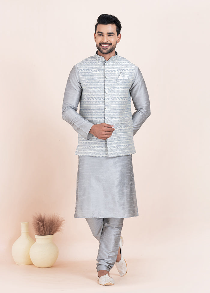 3 Pc Grey Cotton Kurta Pajama with Jacket Set