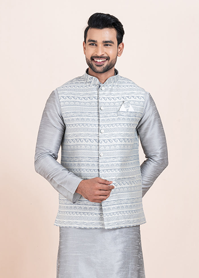3 Pc Grey Cotton Kurta Pajama with Jacket Set