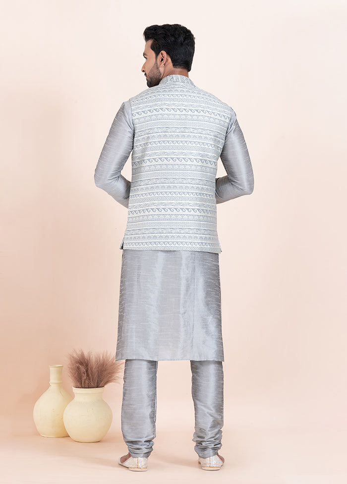 3 Pc Grey Cotton Kurta Pajama with Jacket Set