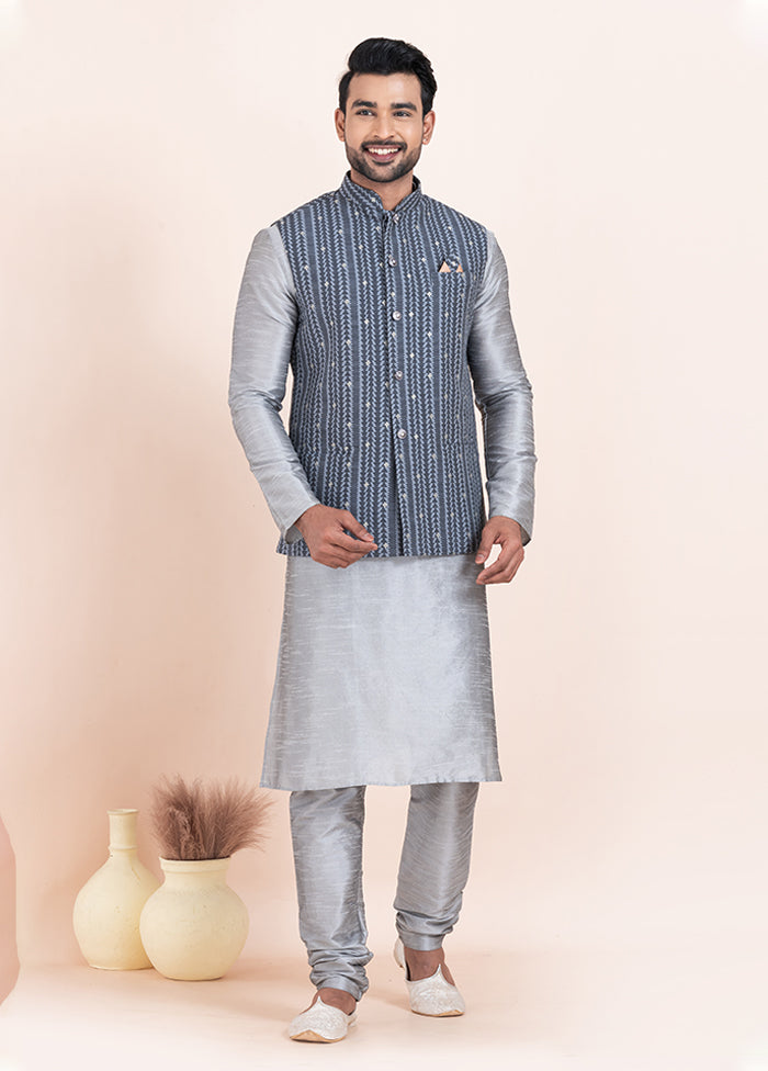 3 Pc Grey Silk Kurta Pajama with Jacket Set