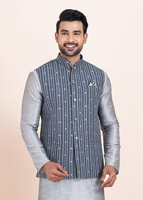 3 Pc Grey Silk Kurta Pajama with Jacket Set