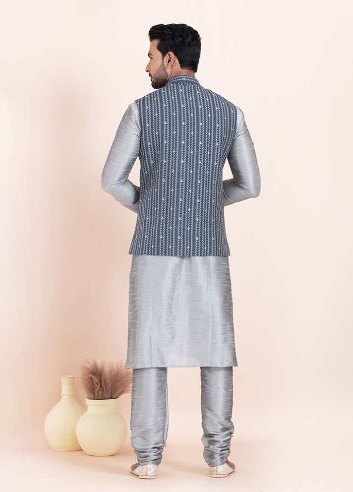 3 Pc Grey Silk Kurta Pajama with Jacket Set