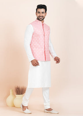 3 Pc White Cotton Kurta Pajama with Jacket Set