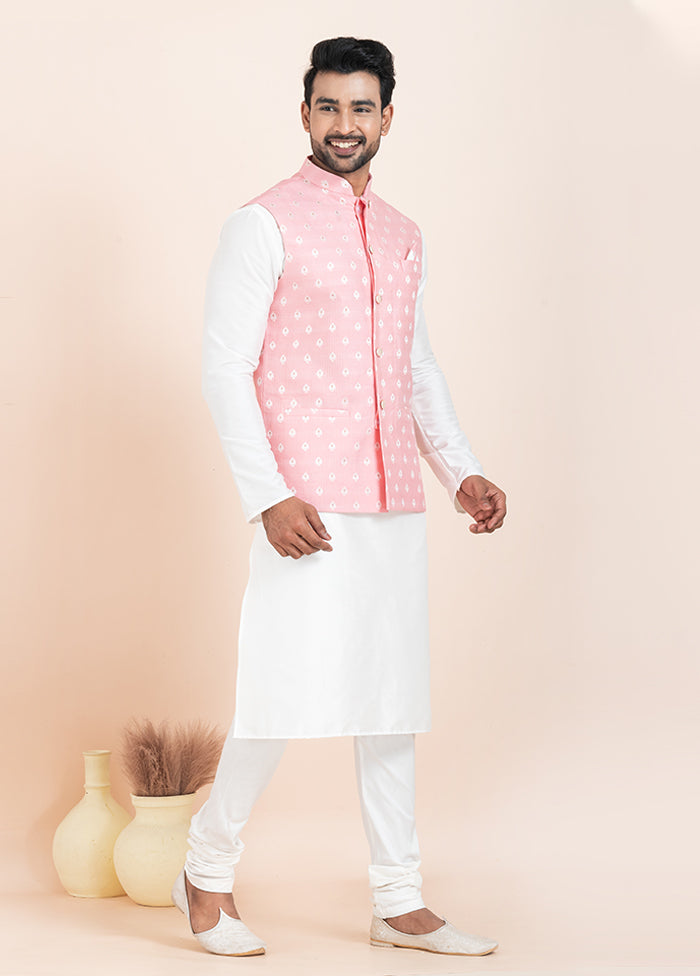 3 Pc White Cotton Kurta Pajama with Jacket Set