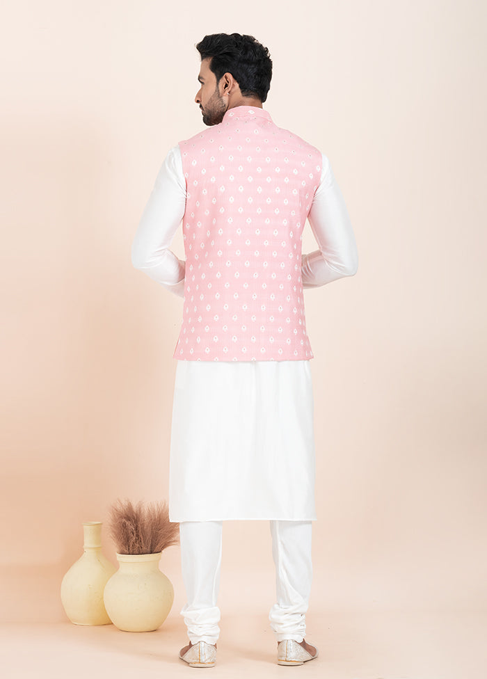 3 Pc White Cotton Kurta Pajama with Jacket Set