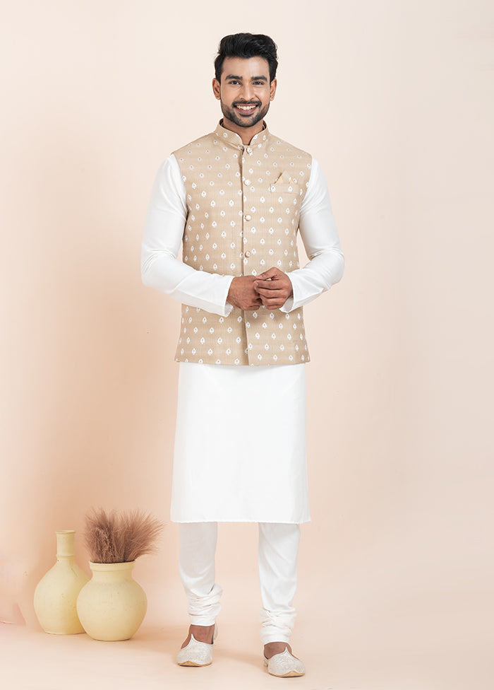 3 Pc White Cotton Kurta Pajama with Jacket Set