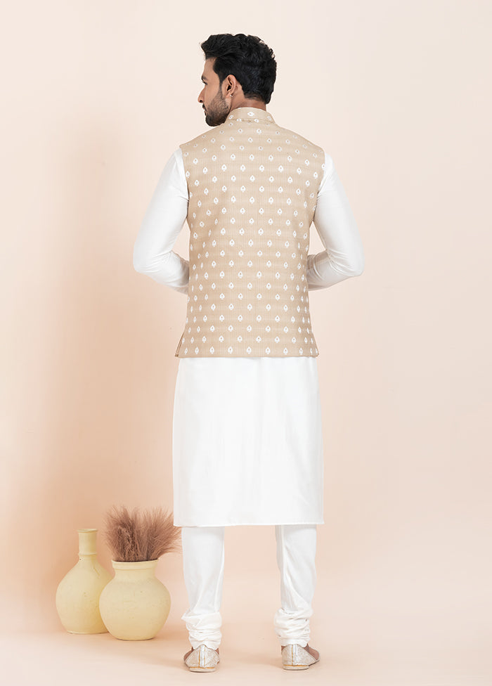 3 Pc White Cotton Kurta Pajama with Jacket Set