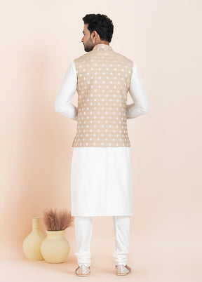 3 Pc White Cotton Kurta Pajama with Jacket Set