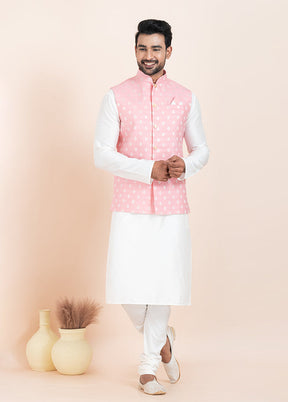 3 Pc White Cotton Kurta Pajama with Jacket Set