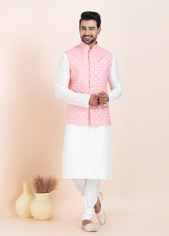 3 Pc White Cotton Kurta Pajama with Jacket Set