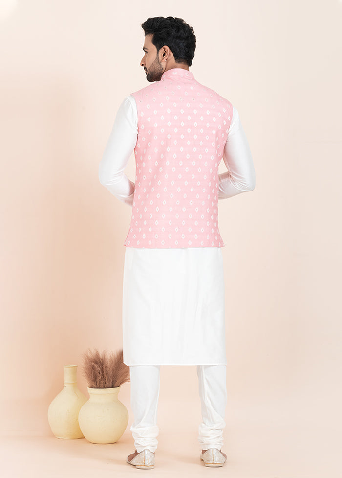 3 Pc White Cotton Kurta Pajama with Jacket Set
