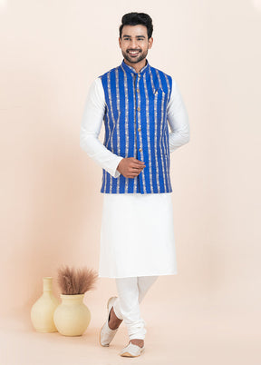 3 Pc White Cotton Kurta Pajama with Jacket Set