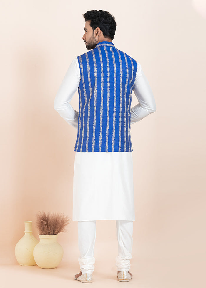 3 Pc White Cotton Kurta Pajama with Jacket Set