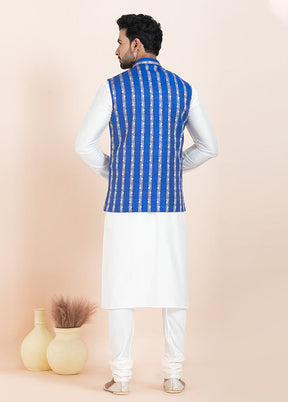 3 Pc White Cotton Kurta Pajama with Jacket Set