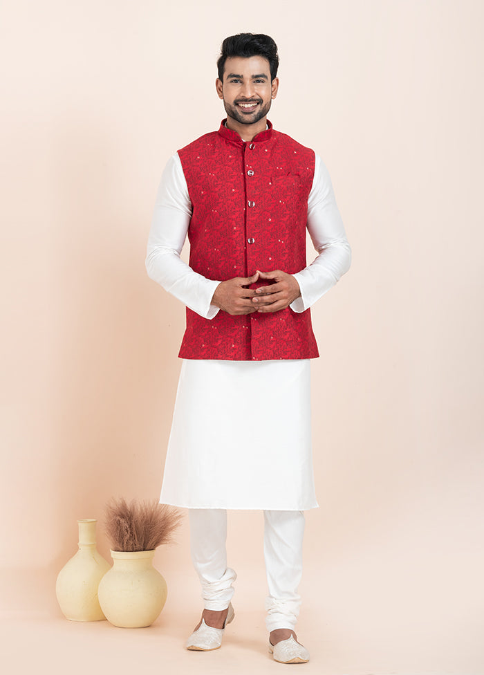 3 Pc White Cotton Kurta Pajama with Jacket Set