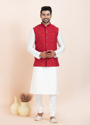 3 Pc White Cotton Kurta Pajama with Jacket Set