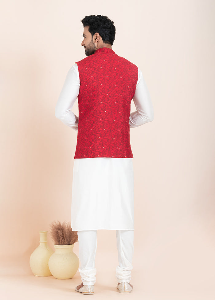 3 Pc White Cotton Kurta Pajama with Jacket Set