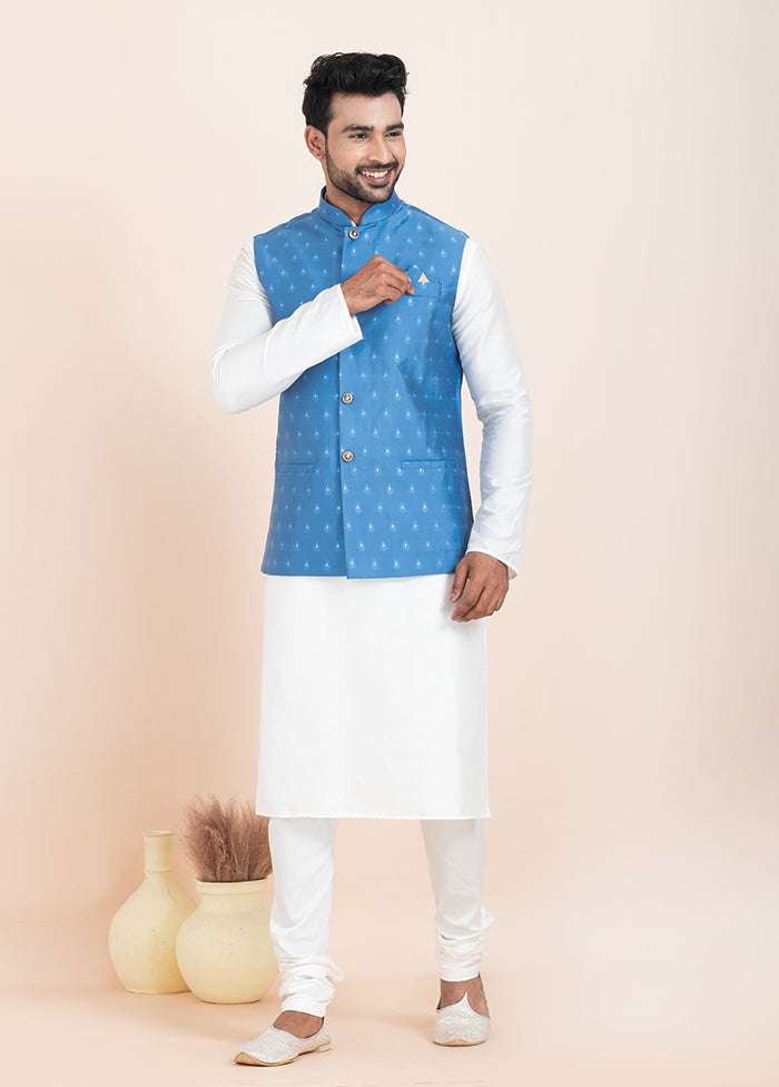 3 Pc White Cotton Kurta Pajama with Jacket Set