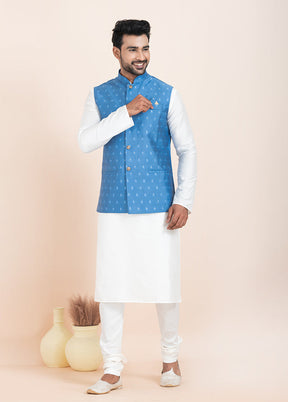3 Pc White Cotton Kurta Pajama with Jacket Set
