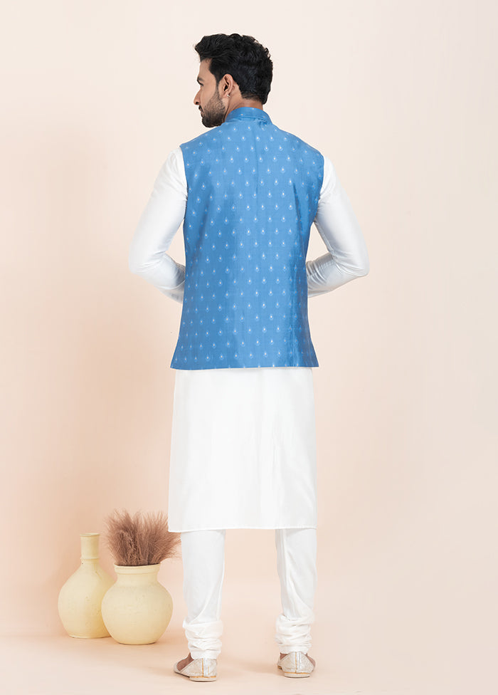 3 Pc White Cotton Kurta Pajama with Jacket Set