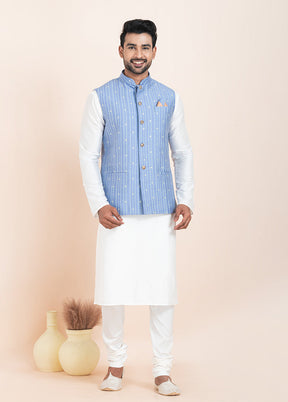 3 Pc White Cotton Kurta Pajama with Jacket Set