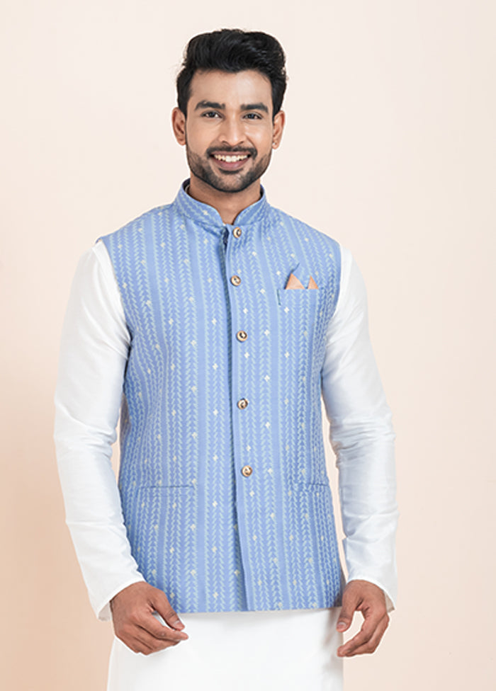 3 Pc White Cotton Kurta Pajama with Jacket Set