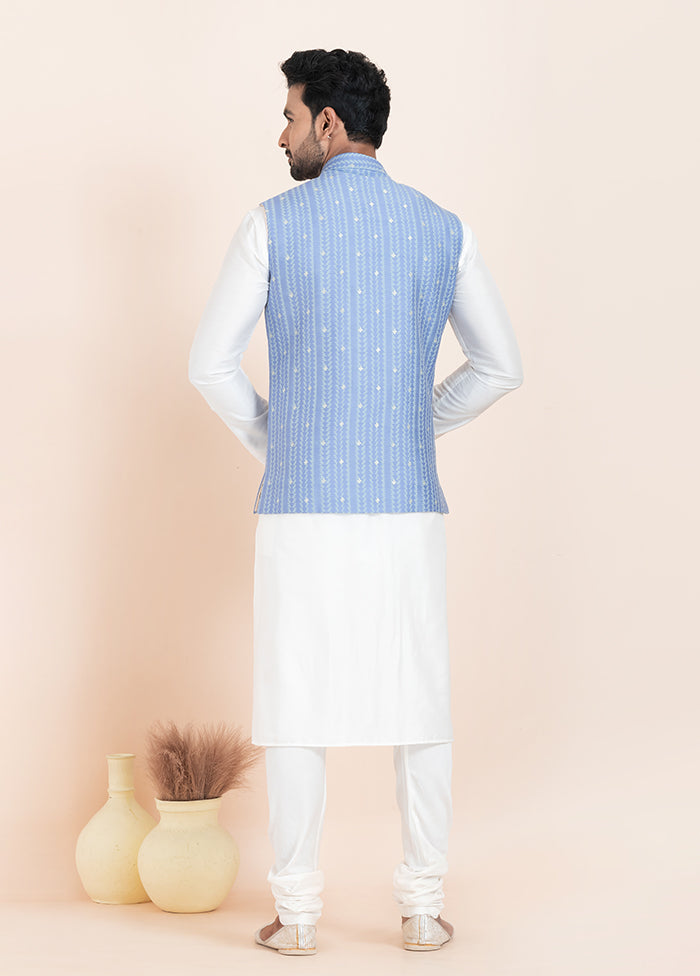 3 Pc White Cotton Kurta Pajama with Jacket Set