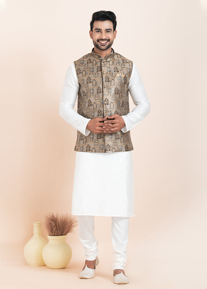 3 Pc White Silk Kurta Pajama with Jacket Set