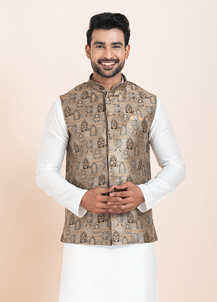 3 Pc White Silk Kurta Pajama with Jacket Set