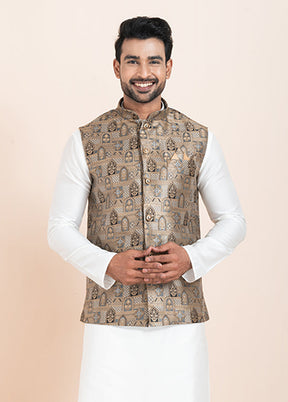 3 Pc White Silk Kurta Pajama with Jacket Set