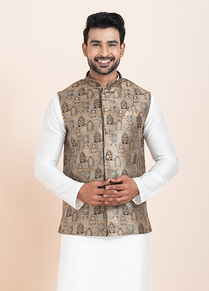 3 Pc White Silk Kurta Pajama with Jacket Set