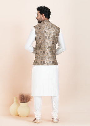 3 Pc White Silk Kurta Pajama with Jacket Set