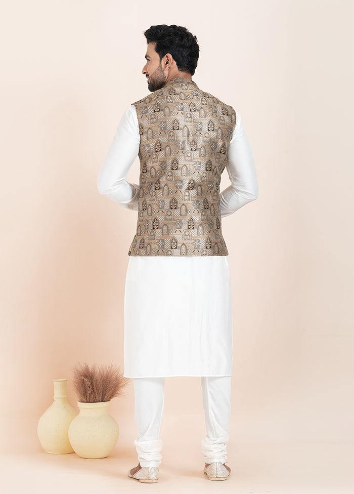 3 Pc White Silk Kurta Pajama with Jacket Set