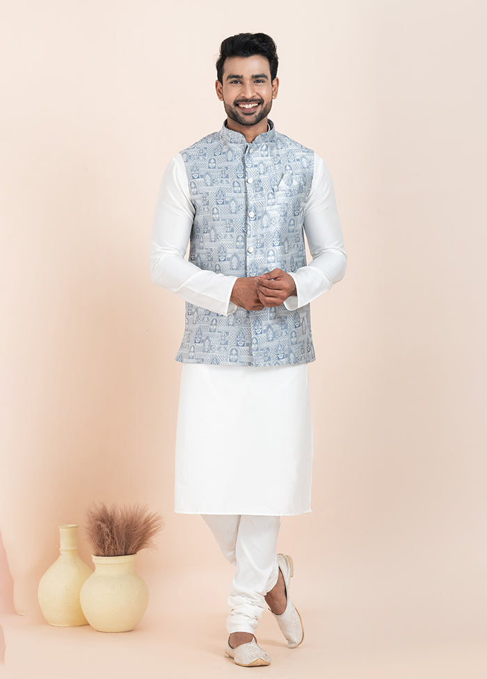 3 Pc White Silk Kurta Pajama with Jacket Set