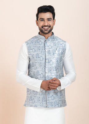 3 Pc White Silk Kurta Pajama with Jacket Set