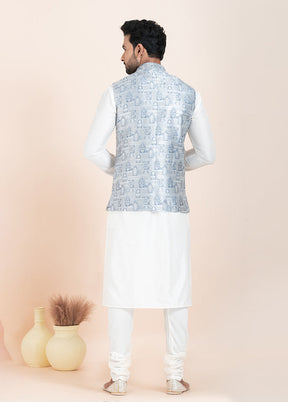 3 Pc White Silk Kurta Pajama with Jacket Set