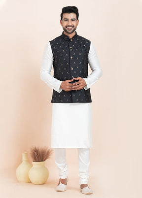 3 Pc White Cotton Kurta Pajama with Jacket Set