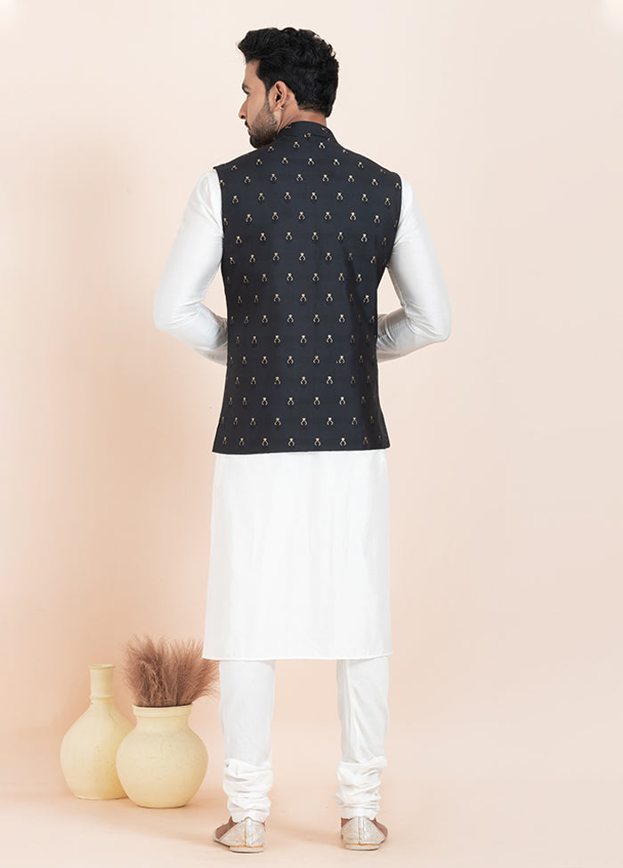 3 Pc White Cotton Kurta Pajama with Jacket Set