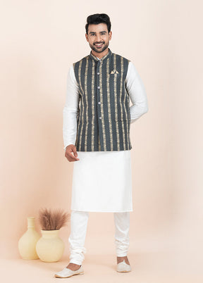3 Pc White Cotton Kurta Pajama with Jacket Set