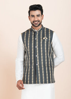 3 Pc White Cotton Kurta Pajama with Jacket Set