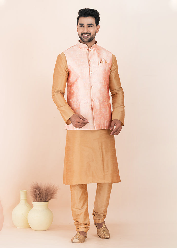 3 Pc Brown Silk Kurta Pajama with Jacket Set