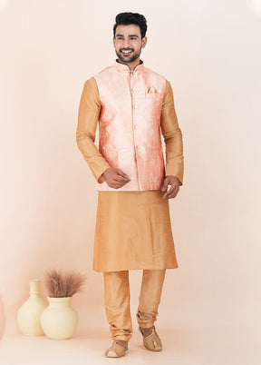 3 Pc Brown Silk Kurta Pajama with Jacket Set